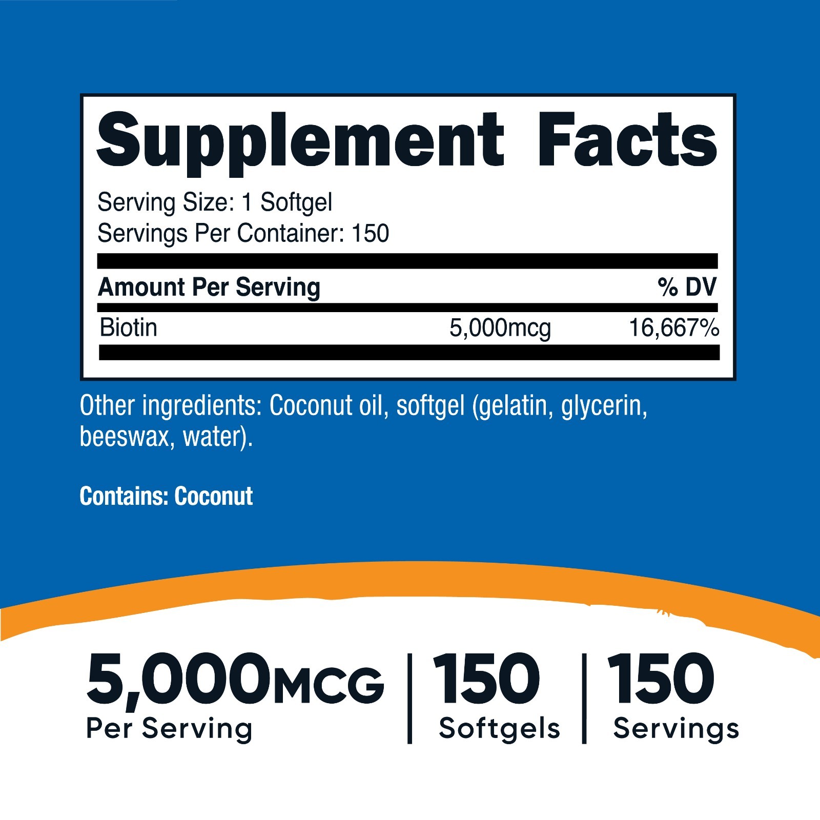 Nutricost Biotin (5,000mcg) in Coconut Oil 150 Softgels – Gluten Free, Non-GMO