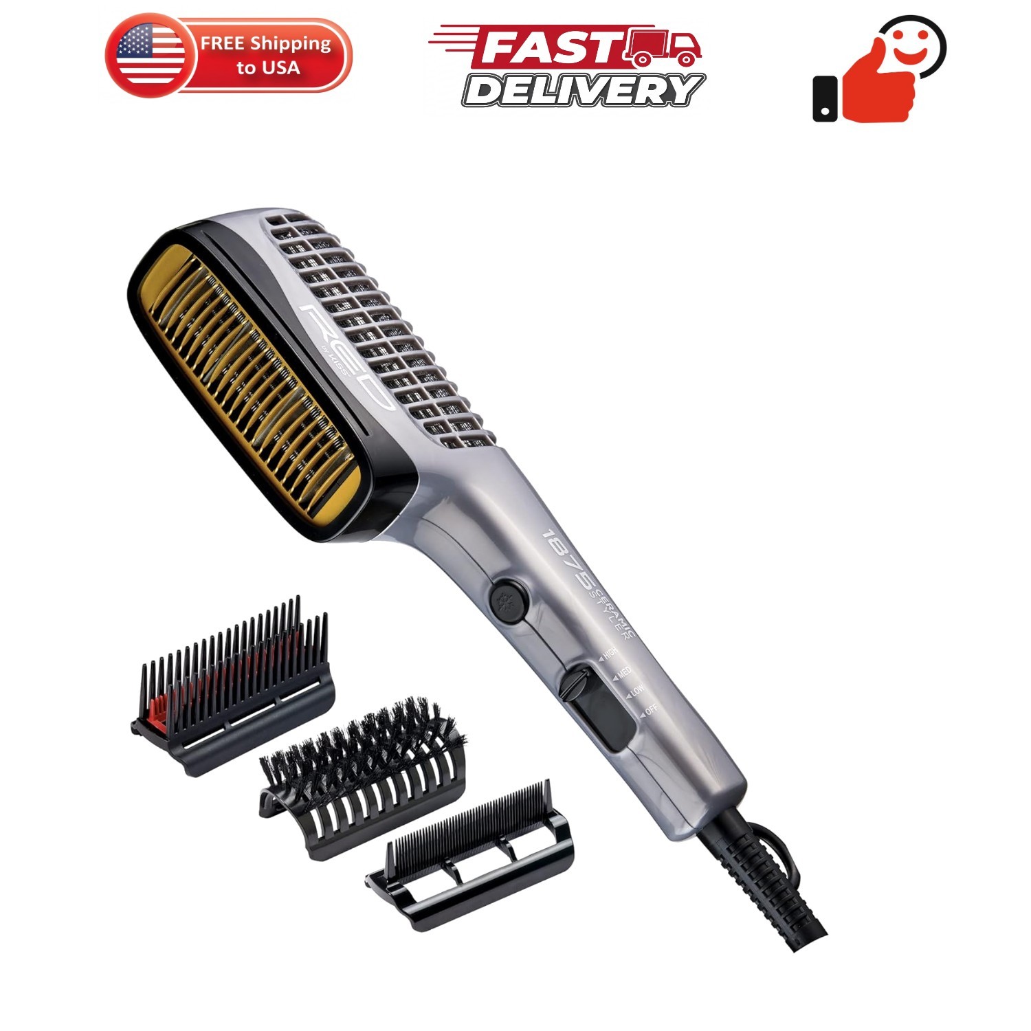 1875 Ceramic Ionic Hair Styler, Blow Dry Comb with 3 Attachments Including De…