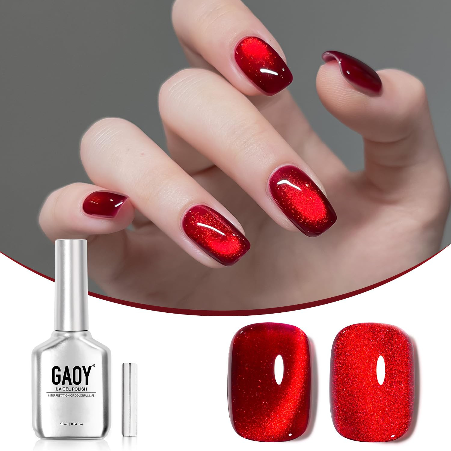 Red Cat Eye Gel Nail Polish, 16Ml Glitter Holographic Nail Polish with Magnet, R