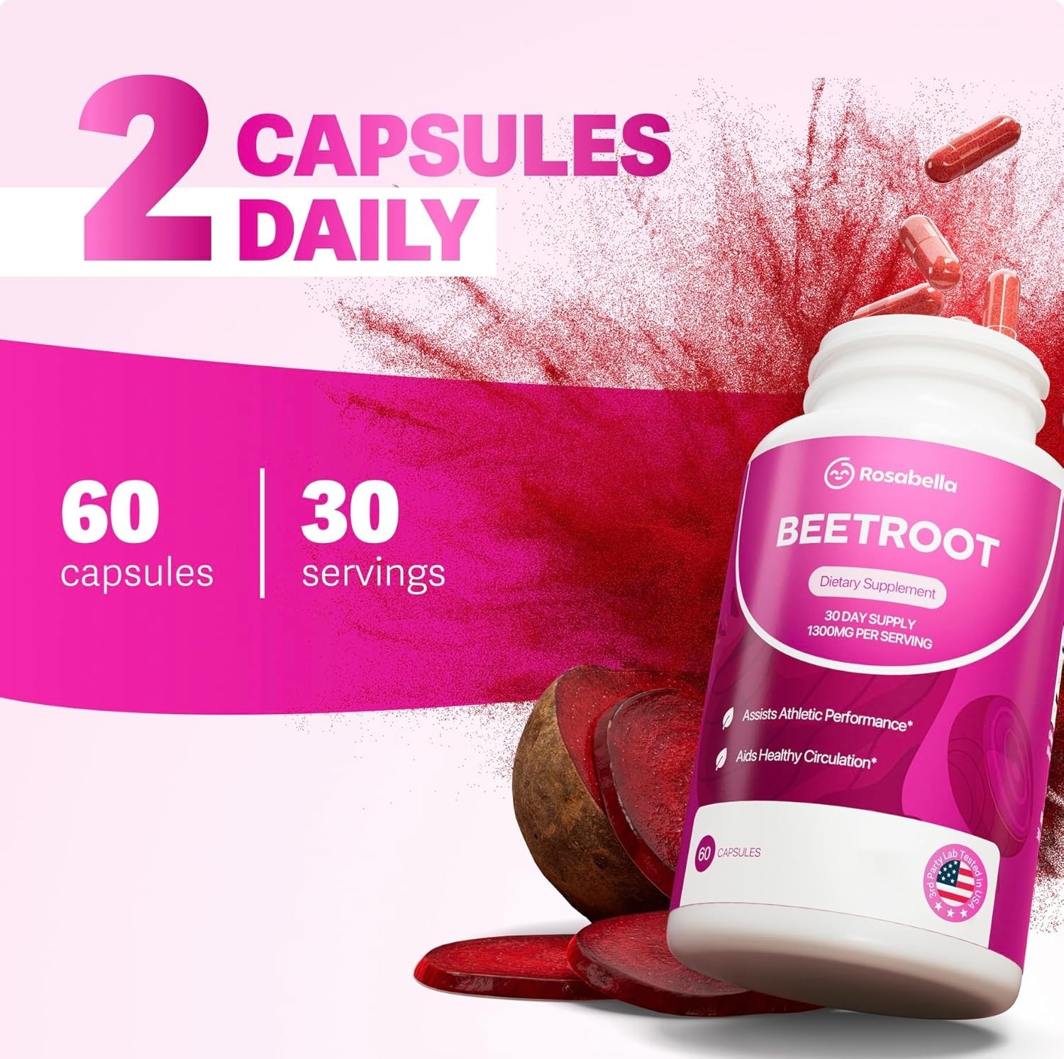 3Pack Rosabella Organic Beet Root 60 Capsules Natural Energy-Boost Blood Pressur
