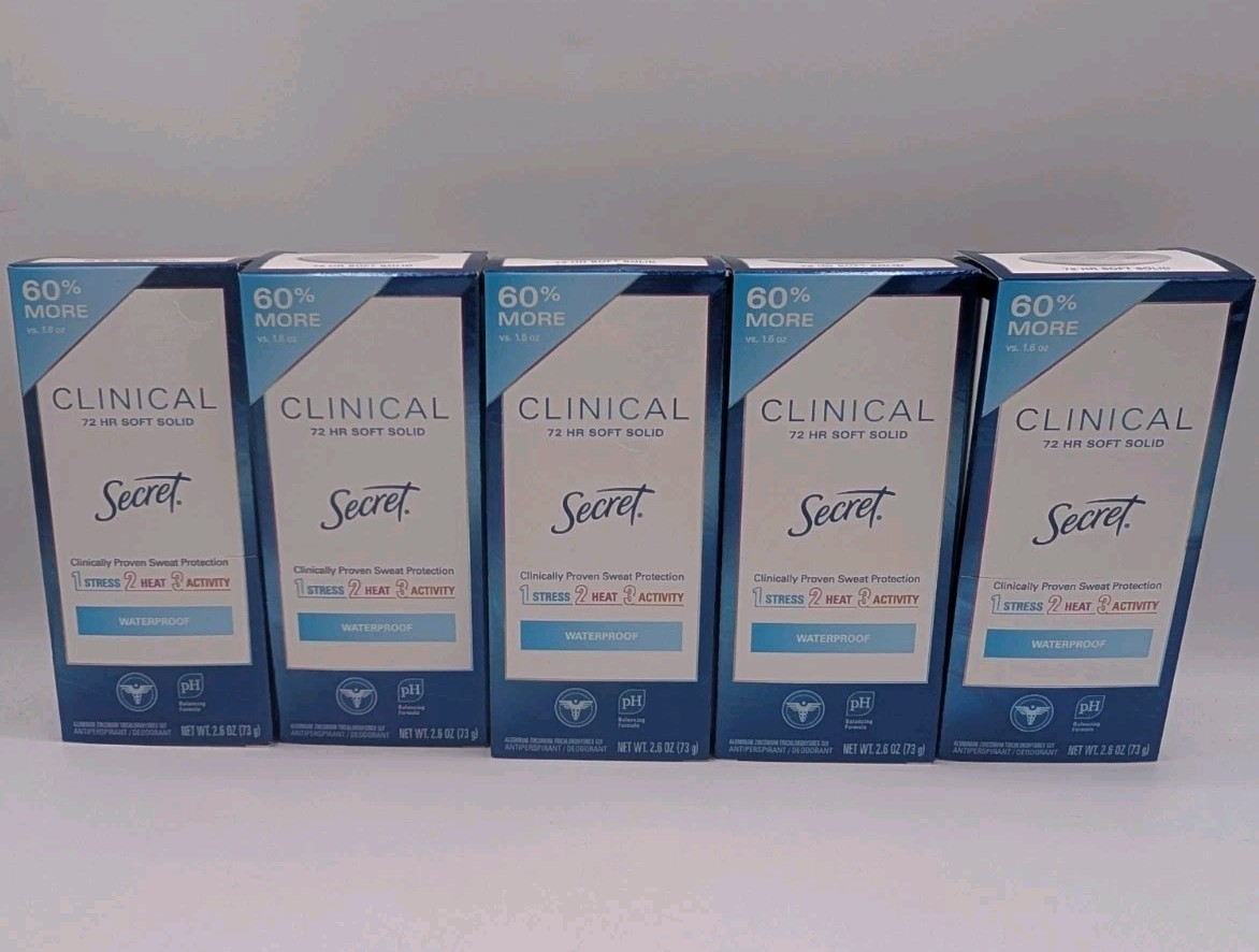 5 Pack Secret Clinical 72 HR Soft Solid Waterproof 2.6 oz exp 05/2027