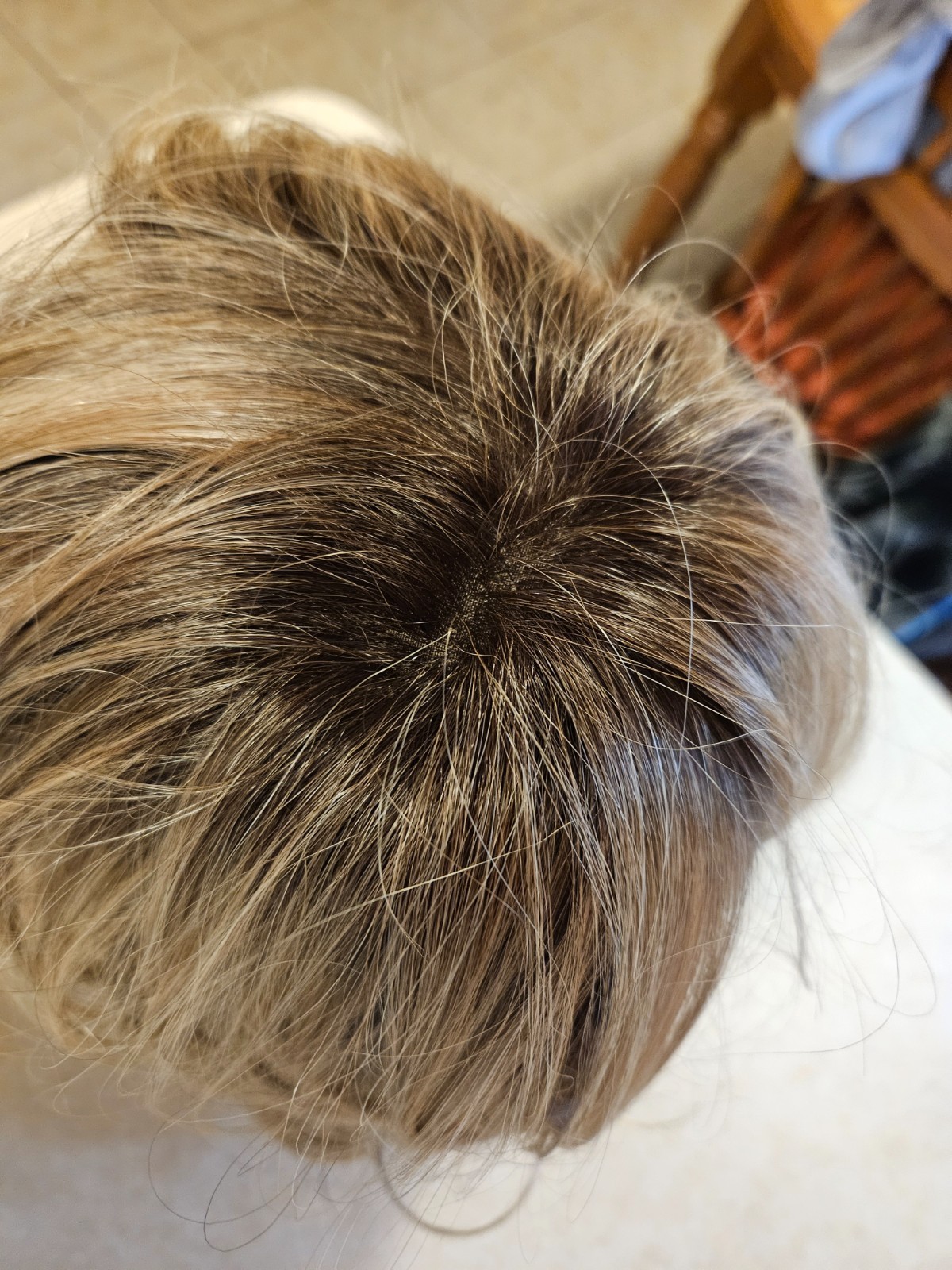 Blonde with brown lowlights, wavy wig. Size average ( trending towards large )