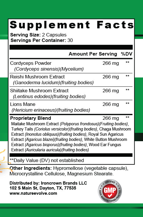 Nature Evolve Premium 10 Functional Mushrooms Complex 1330mg Made In US