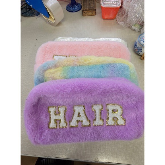 Faux Fur Chenille Letter Patch Makeup Bag Travel Pouch Set HAIR STUFF FACE SKIN