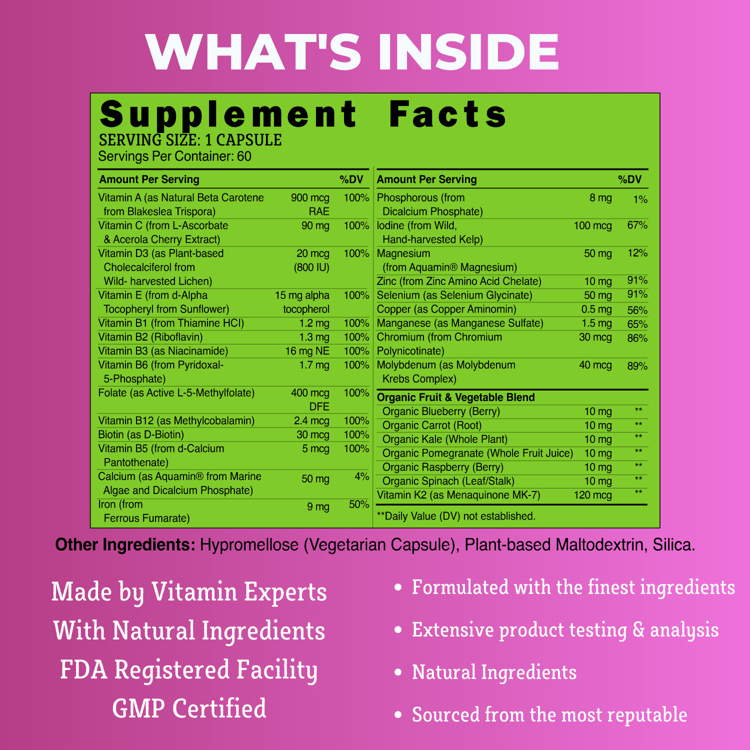 Women Organic Whole food multivitamin & Multi-Mineral, One Daily, 60 days supply