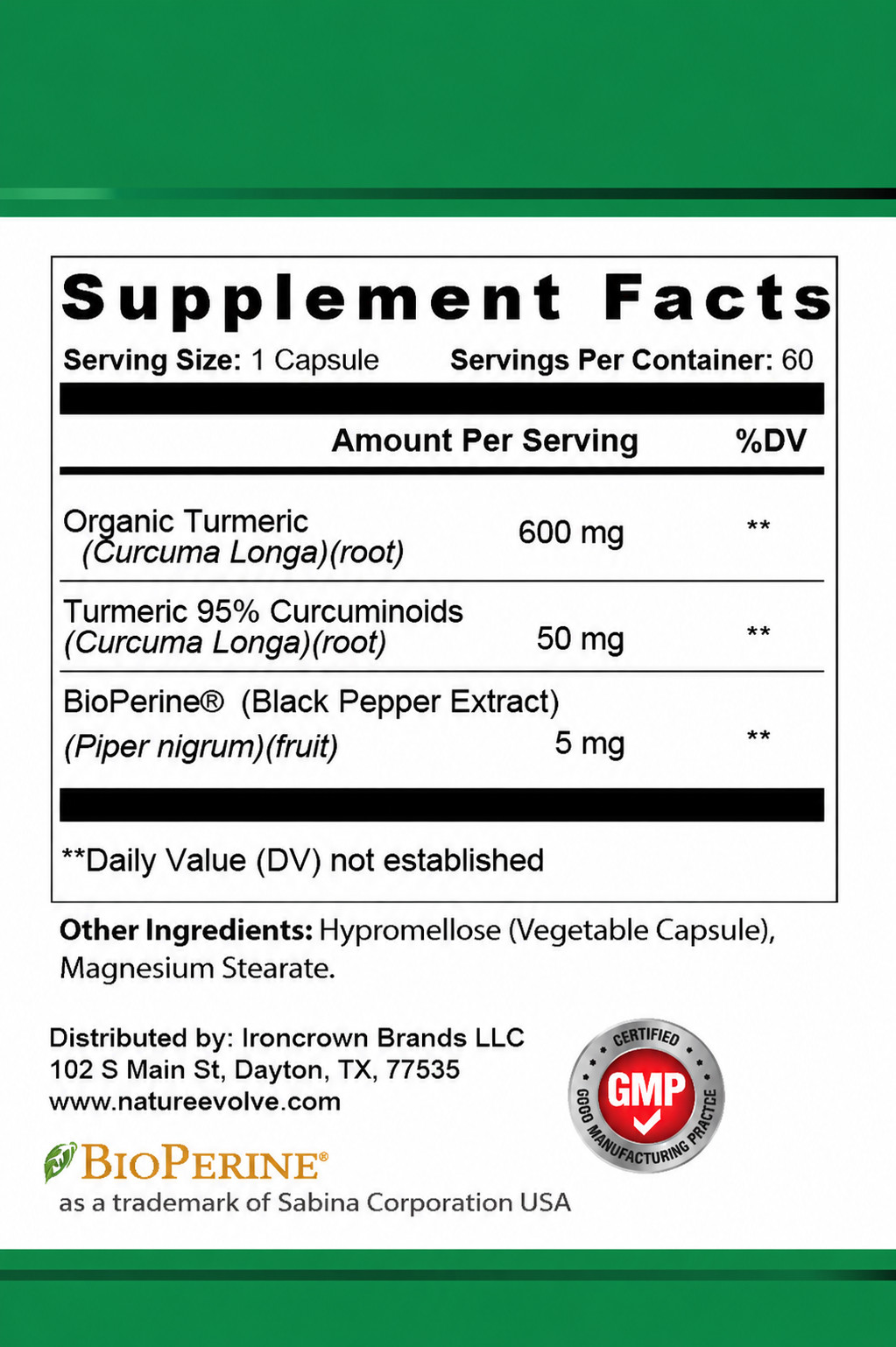 Nature Evolve Premium Turmeric Bioperine® 95% Curcuminoids Joint & Heart 600mg