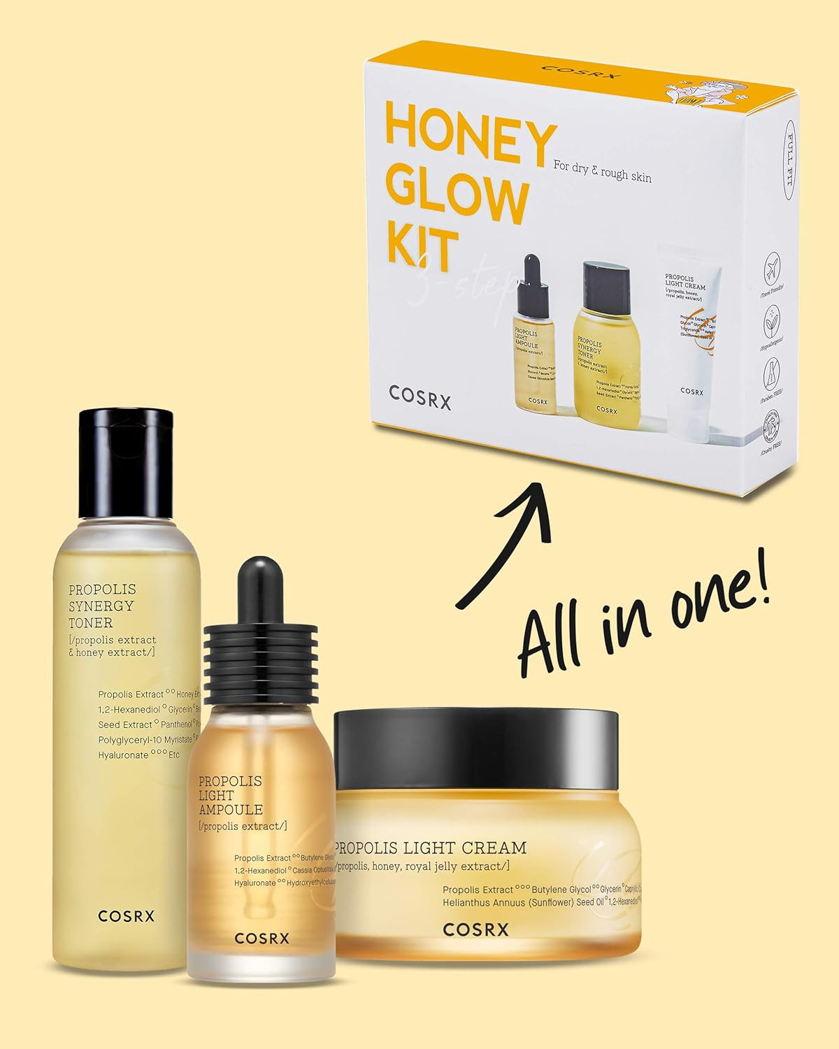 COSRX Honey Glow Kit, Korean Skin Care Set with Propolis Facial Toner, Serum, &