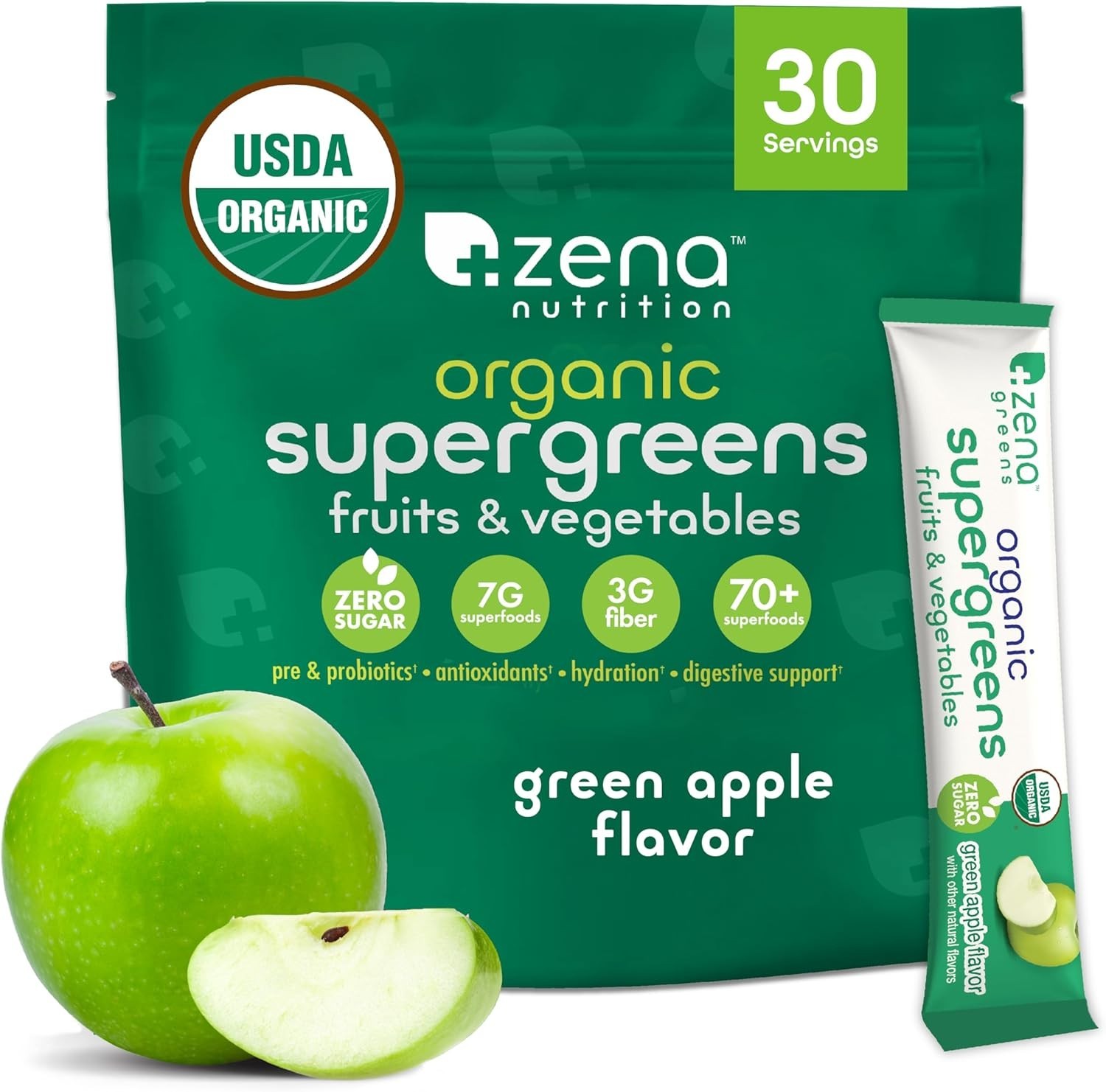 Organic Super Greens Powder with 70+ Superfoods & 0 Sugar – Green Apple, 30 Pack