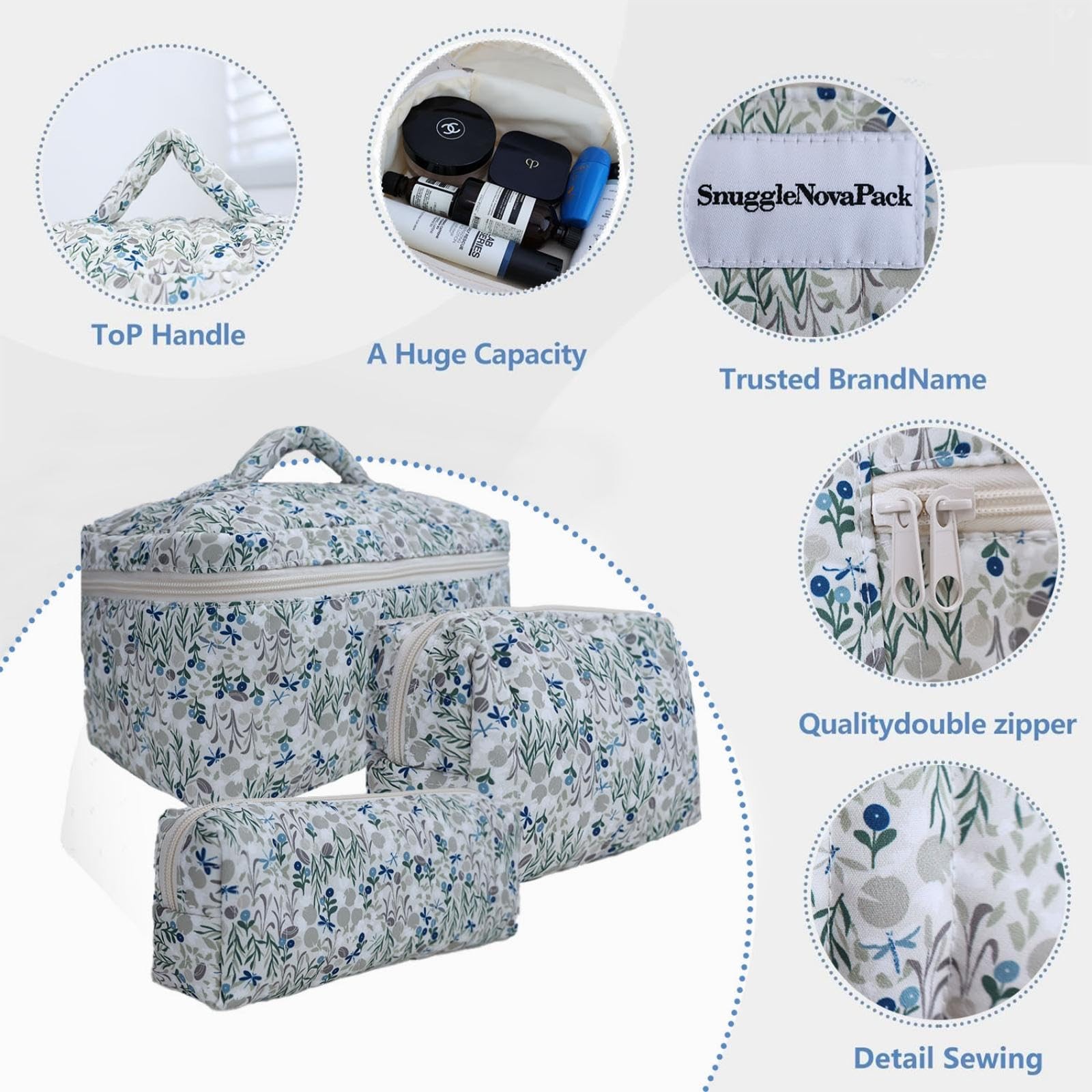 SnuggleNovaPack Water-resistant Cosmetic Bag Blue flower pattern