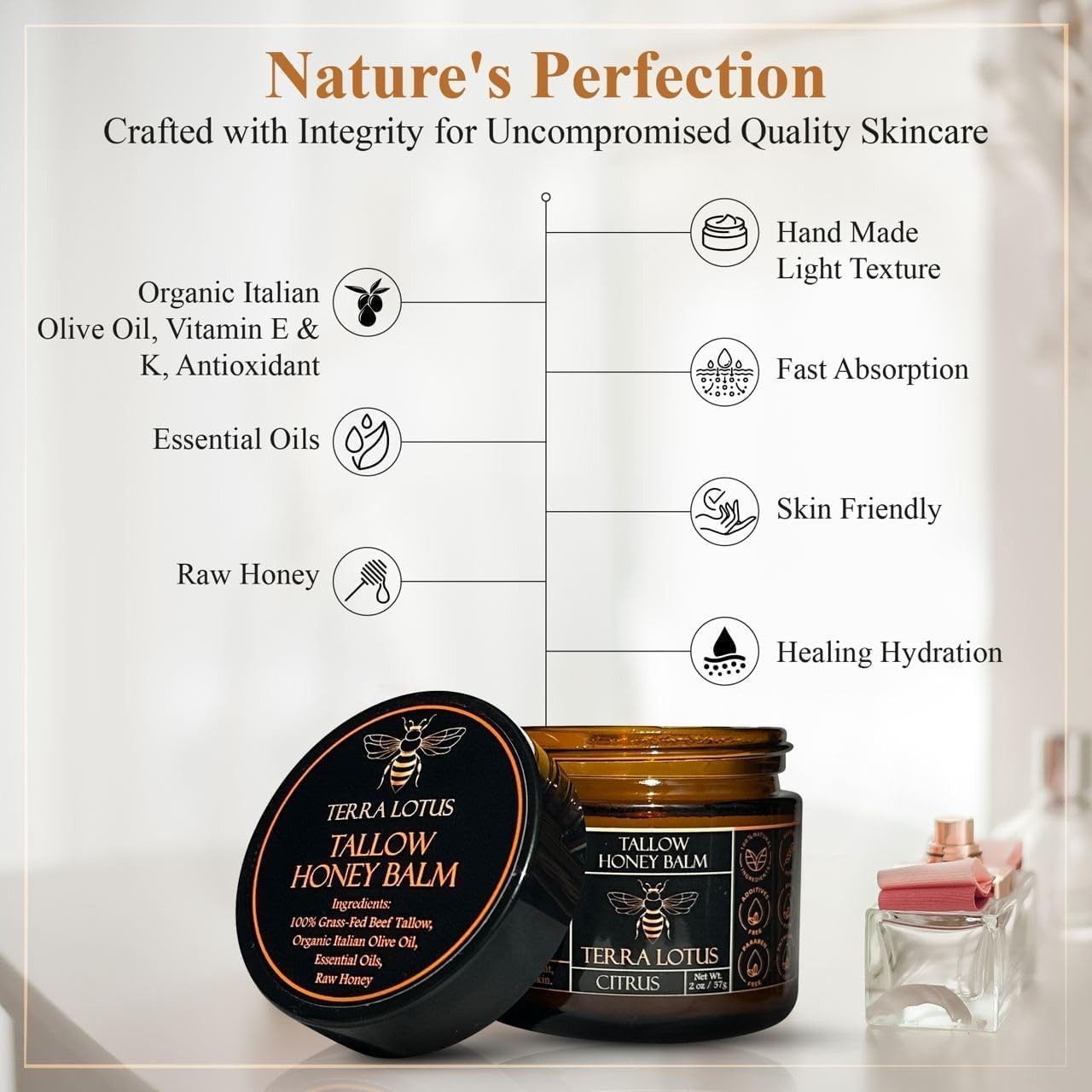Organic Grass-Fed Beef Tallow Balm w/Raw Honey-Moisturizing Cream 2 Oz, Lavender