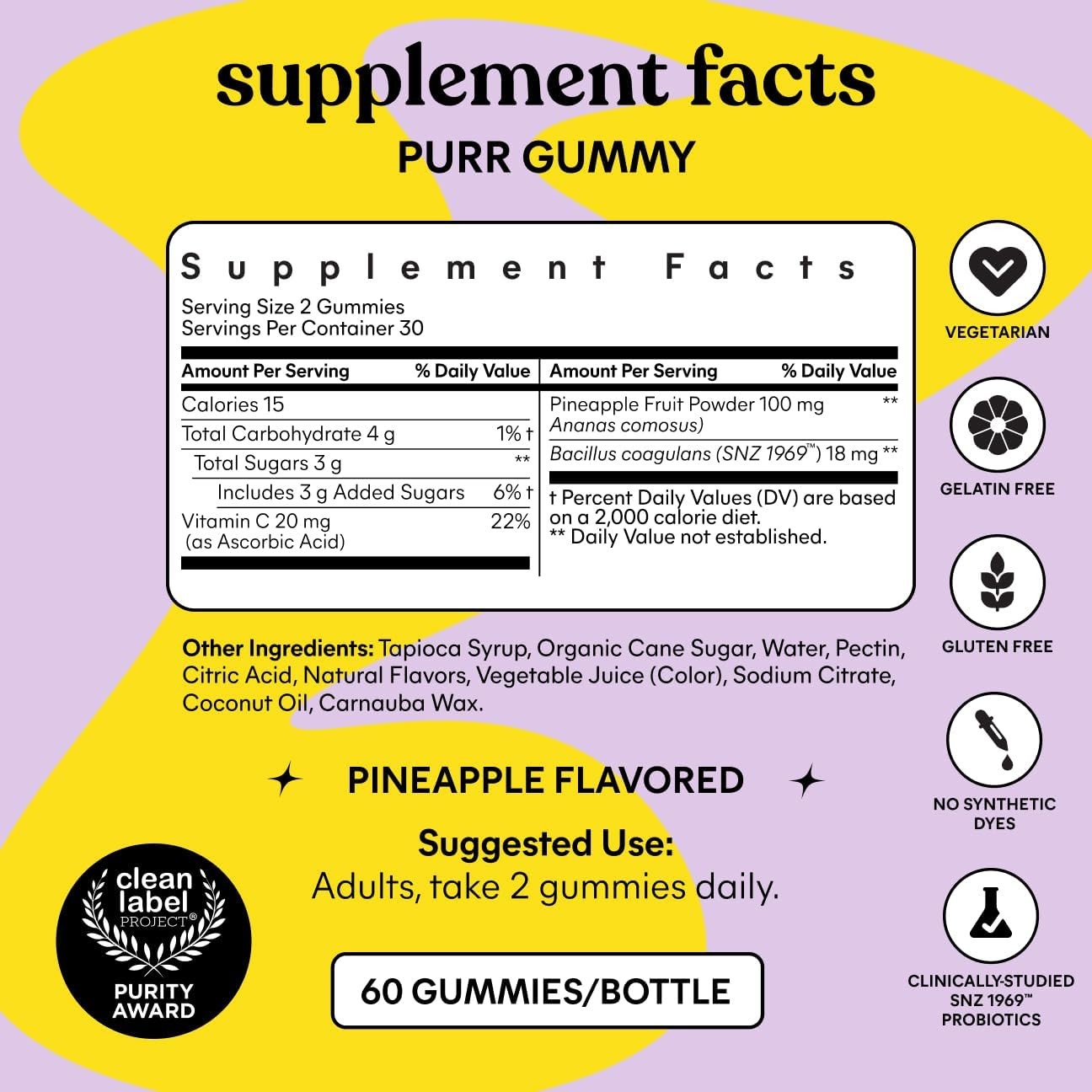 Lemme Purr Vaginal Probiotic Gummies Pineapple & Vitamin C 60 Count