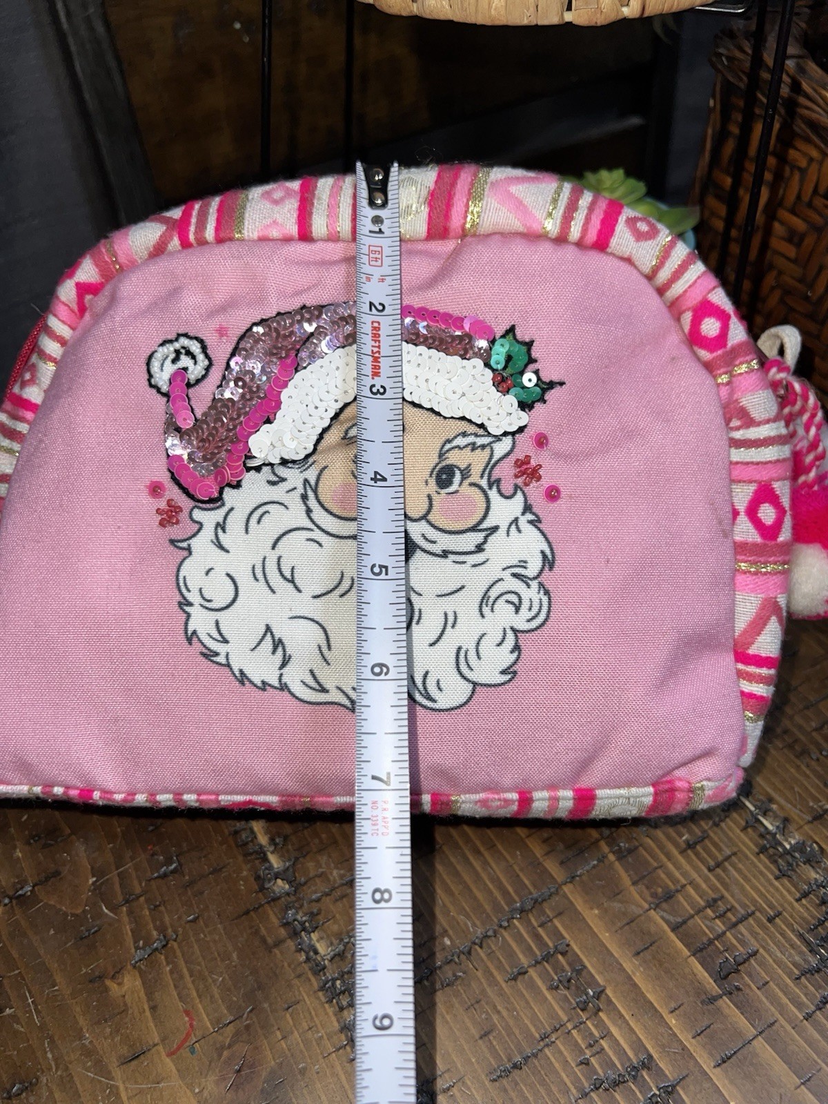 Jane Marie Pink Sequin Santa Makeup Bag Zipper Pouch 8.75 in x 7 in