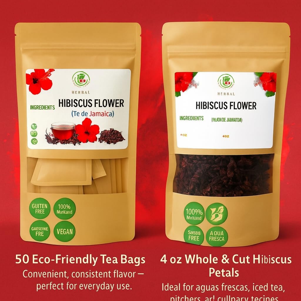 Jamaica (Hibiscus) Tea Combo – 50 Tea Bags (2 g Each) + 4oz Loose Dried Hibiscus