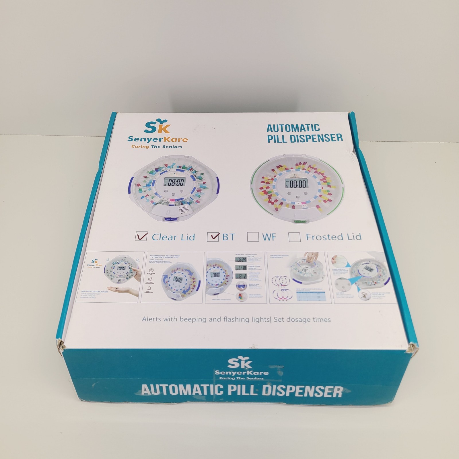 Senyerkare Bluetooth Automatic Pill Dispenser, Lock Compartment, Clear Lid