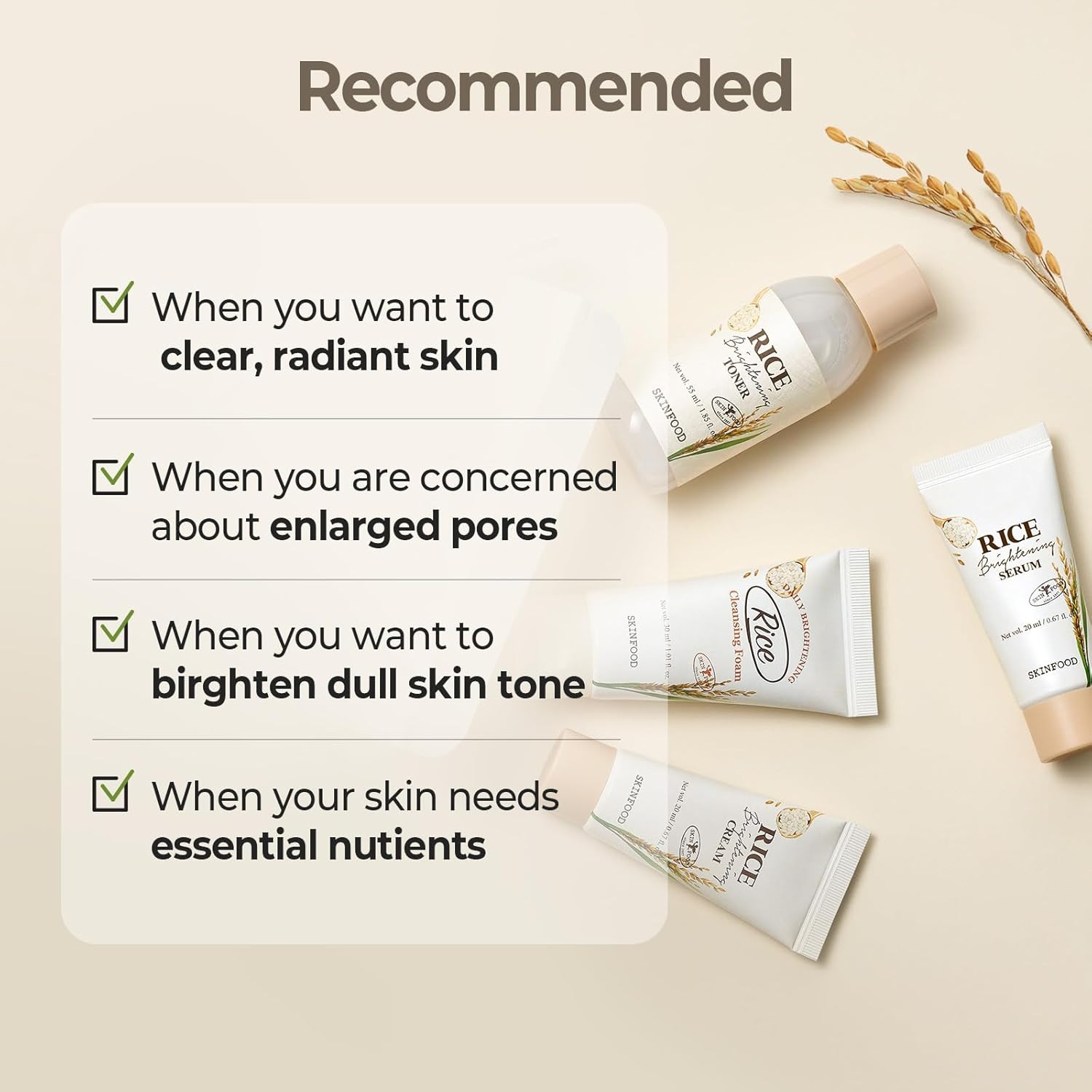 SKINFOOD Rice Starter Kit, Rice Toner, Rice Serum, Rice Moisturizer, and Rice Fa