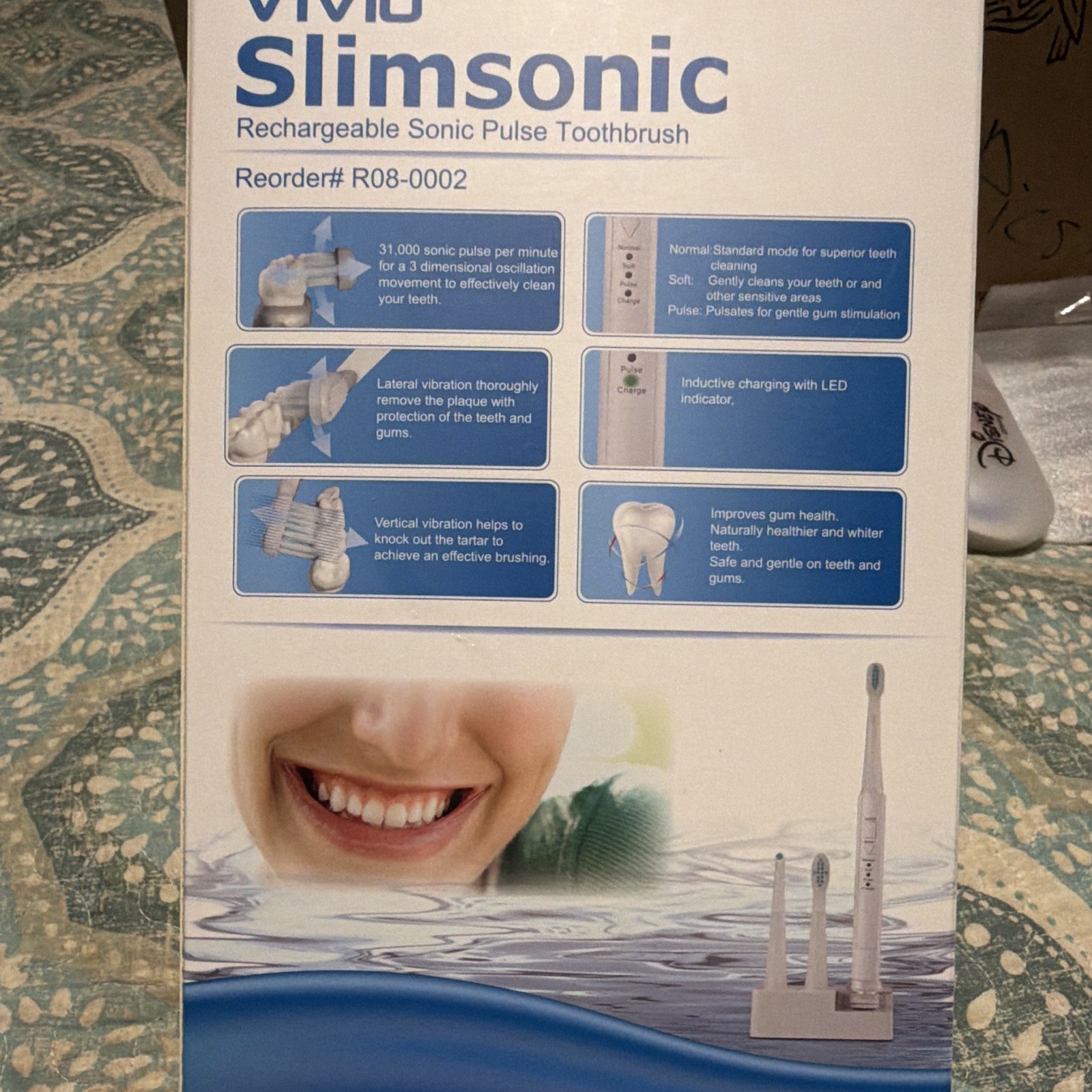 Vivid SlimSonic Rechargeable Sonic Electric Toothbrush 3-Speed White R08-0002