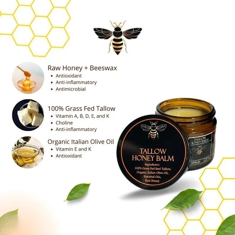 Organic Grass-Fed Beef Tallow Balm with Raw Honey – Citrus Skin Moisturizer NEW