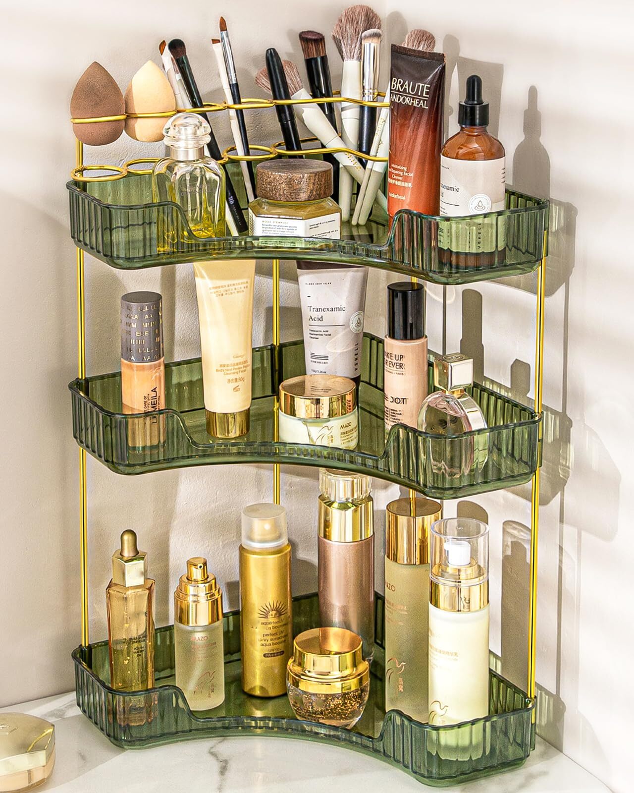 3-Tier Green Corner Makeup Organizer Countertop with Brush Holder for Bathroom