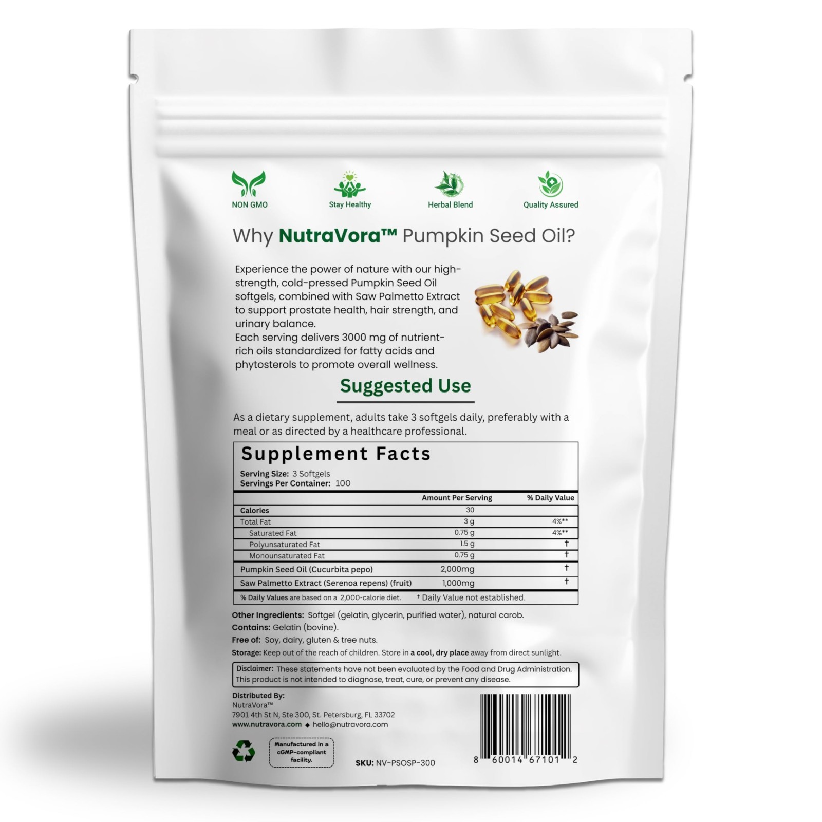 Pumpkin Seed Oil & Saw Palmetto for Men – 300 Softgels, Cold-Pressed, Non-GMO, G