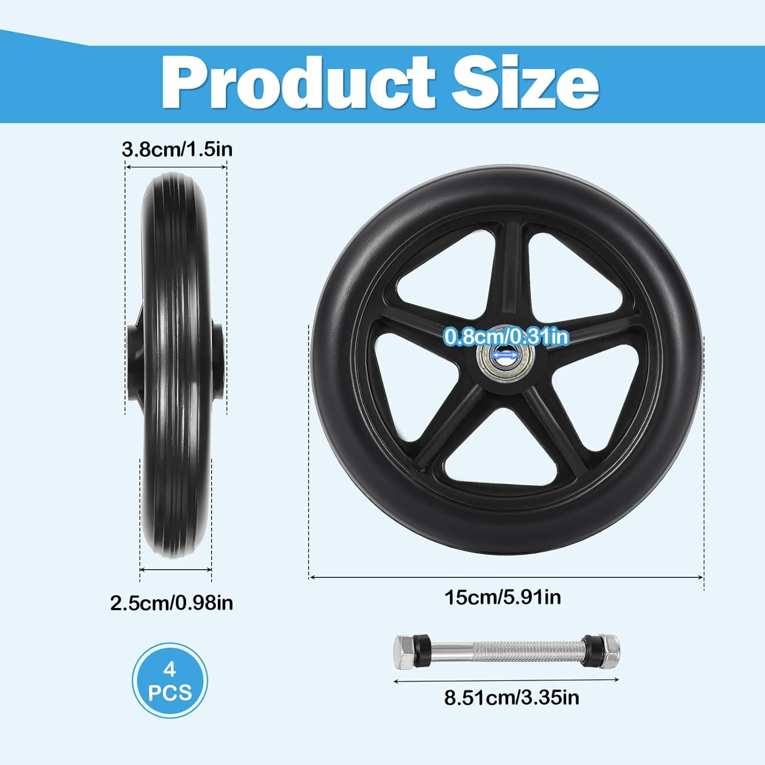 SHENLIU 4 Pack Wheel Replacement with 4 Axles, 6 Inch Heavy-Duty Anti-Slip Solid