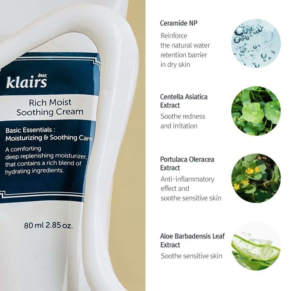 DearKlairs Rich Moist Soothing Cream 80ml, Repair Skin Barrier, Sensitive Skin