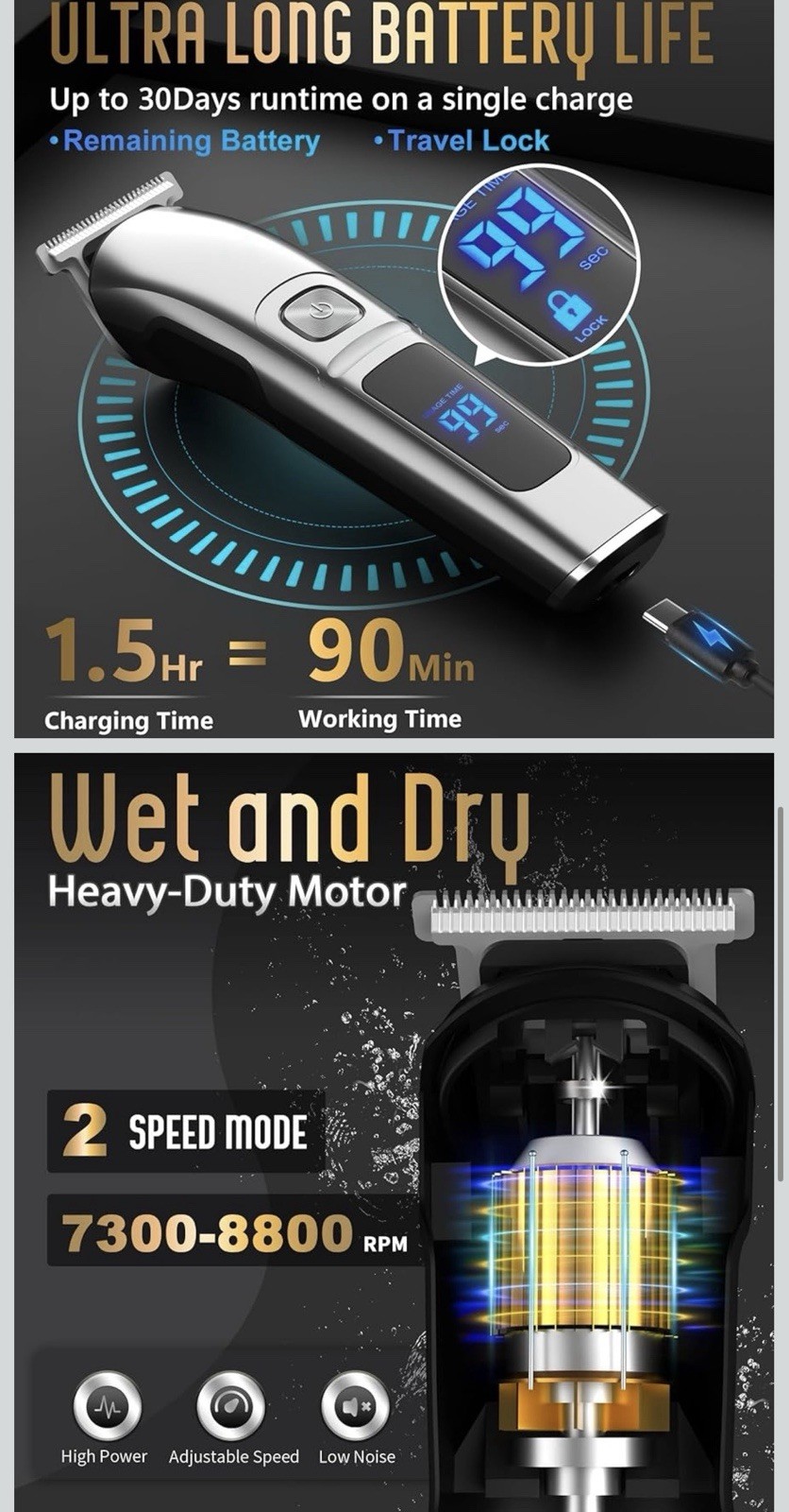 Ufree U-1775 11-in-1 Haircutting Kit Clippers & Trimmer Heads Silver/Black