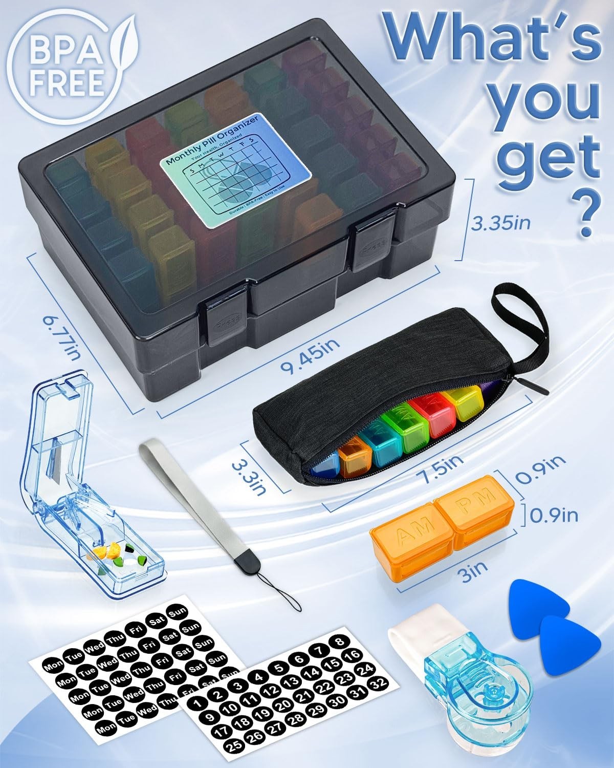 Large Monthly Pill Organizer 2x Daily – Weekly Travel Case, Pill Cutter & Sticke
