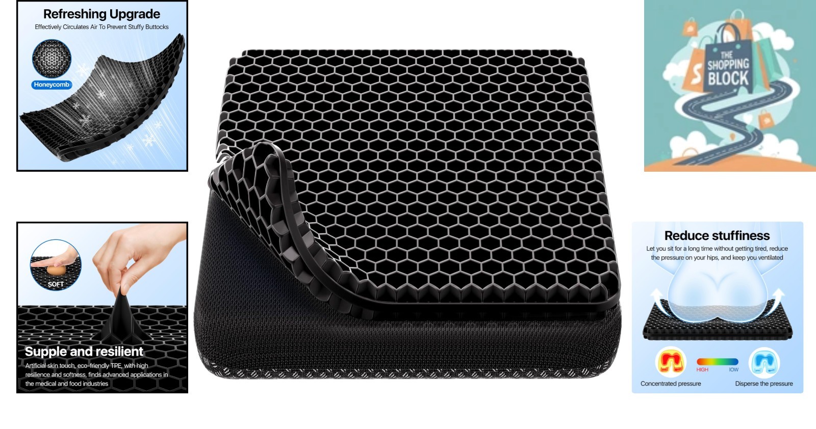 Black Gel Seat Cushion 18.9×17.7×1.6in, Breathable, Double-Layer Design