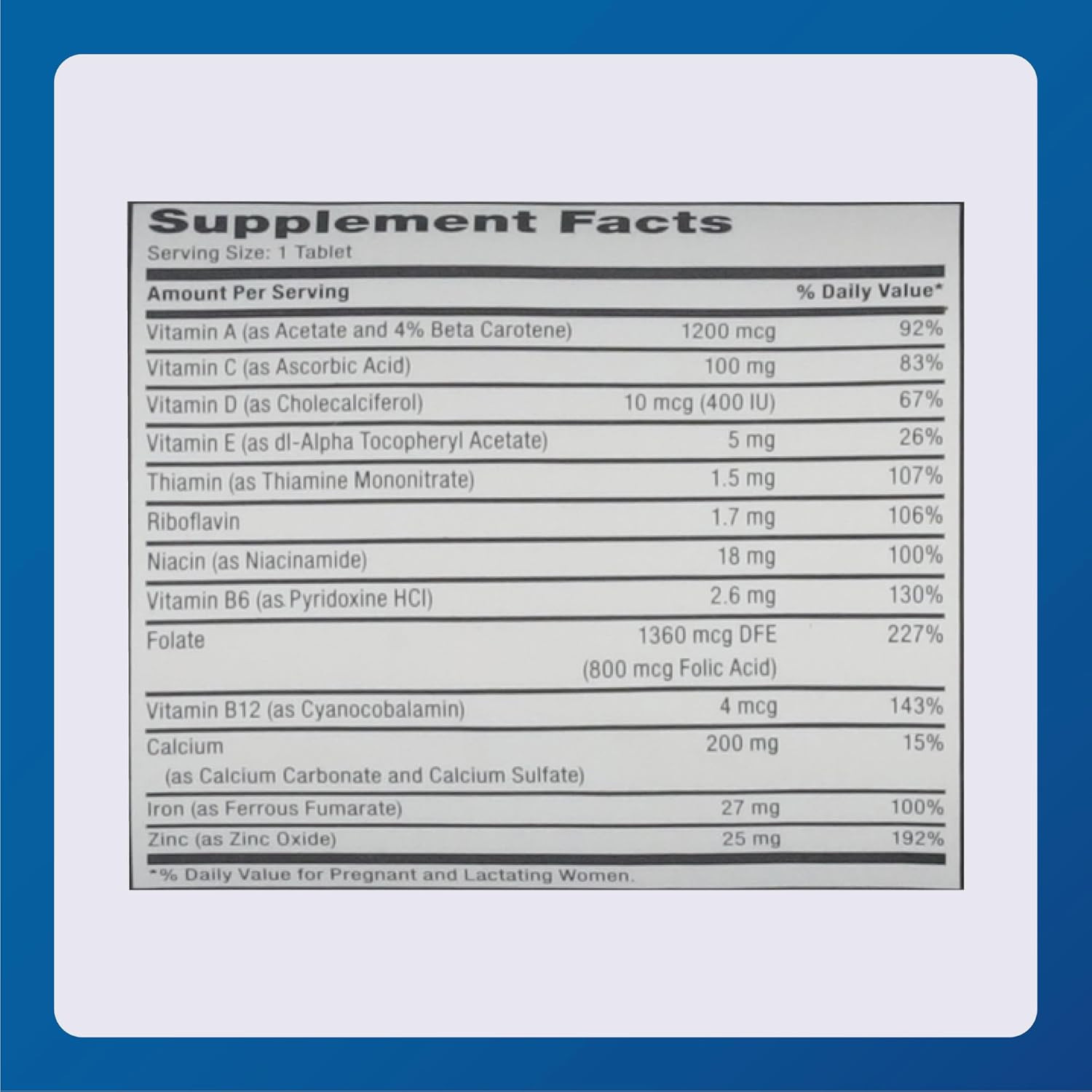 Prenatal Vitamin Tablets Once Daily Supplement for Pregnant Nursing Women