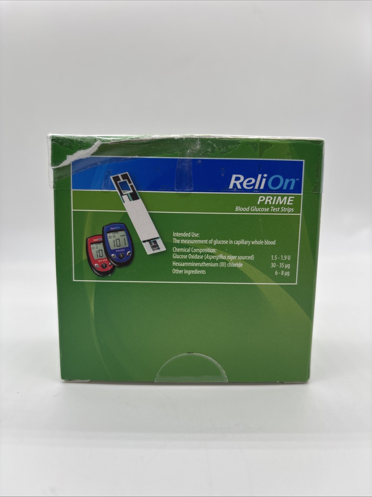 ReliOn Prime Blood Glucose Test -100Ct -Exp.Date: 10/2025 (damaged box) Ref. 282