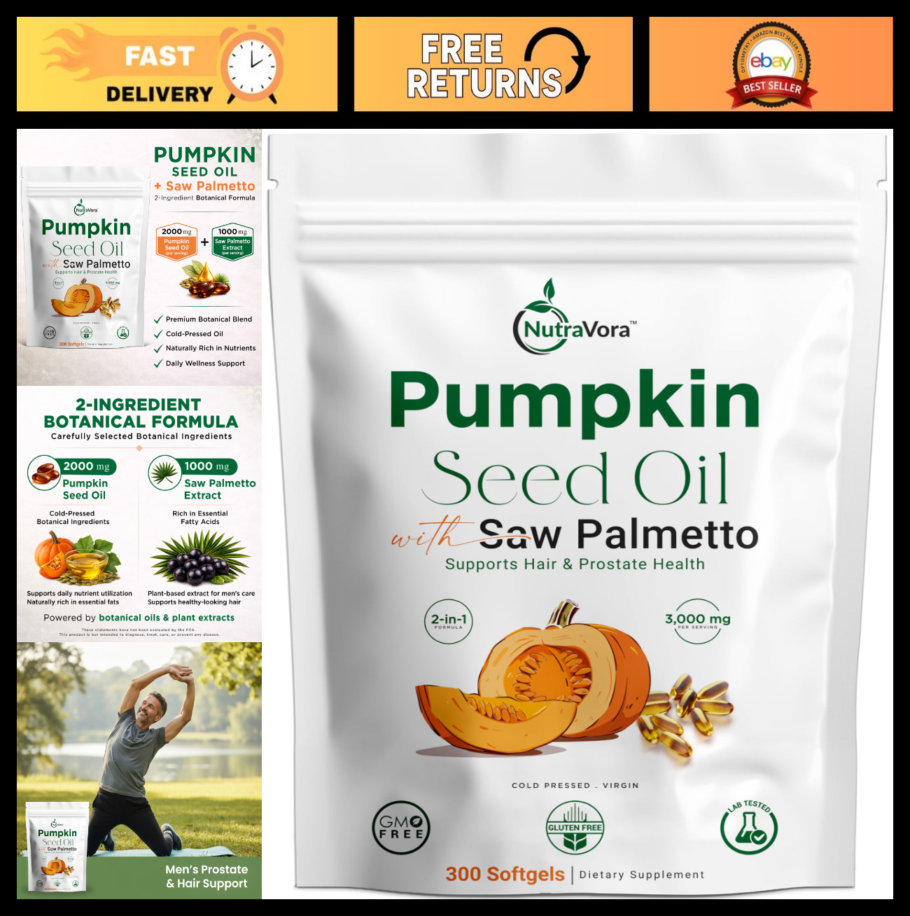 Pumpkin Seed Oil & Saw Palmetto for Men – 300 Softgels, Cold-Pressed, Non-GMO, G