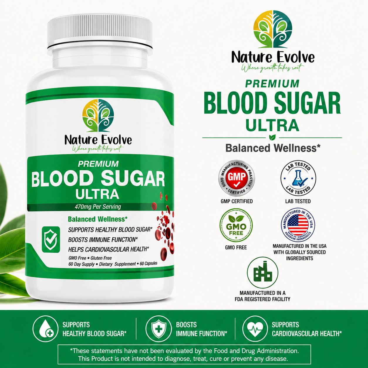 Nature Evolve Premium Blood Sugar Ultra 60 Capsules 60 Day Supply Made In USA