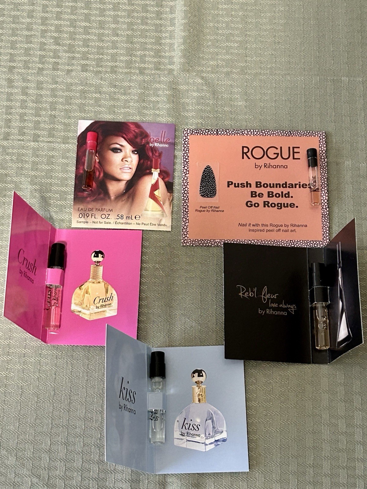 5 Rihanna Perfume Samples- Crush, Reb’l Fleur, Kiss, Rogue, Rebelle -NEW