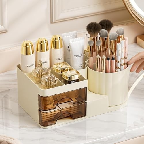 Makeup Organizer for Vanity with 2 Drawers,Countertop Rotating Makeup Cream