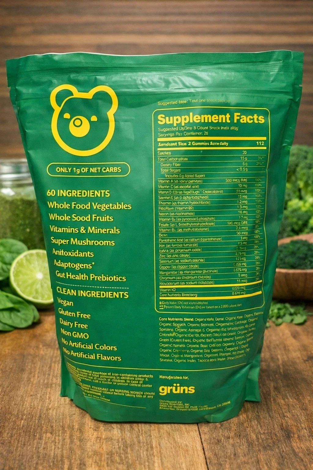 Gruns Adults Super Greens Gummies Bears NO SUGAR Superfood