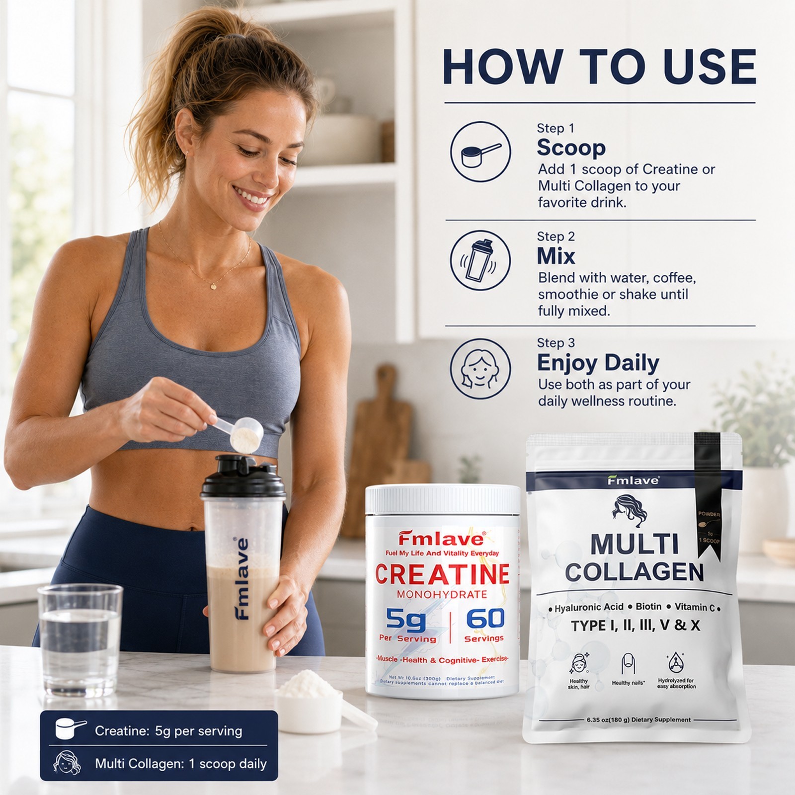 Creatine Monohydrate + Multi Collagen Powder for Women 60 Servings Glute Builder