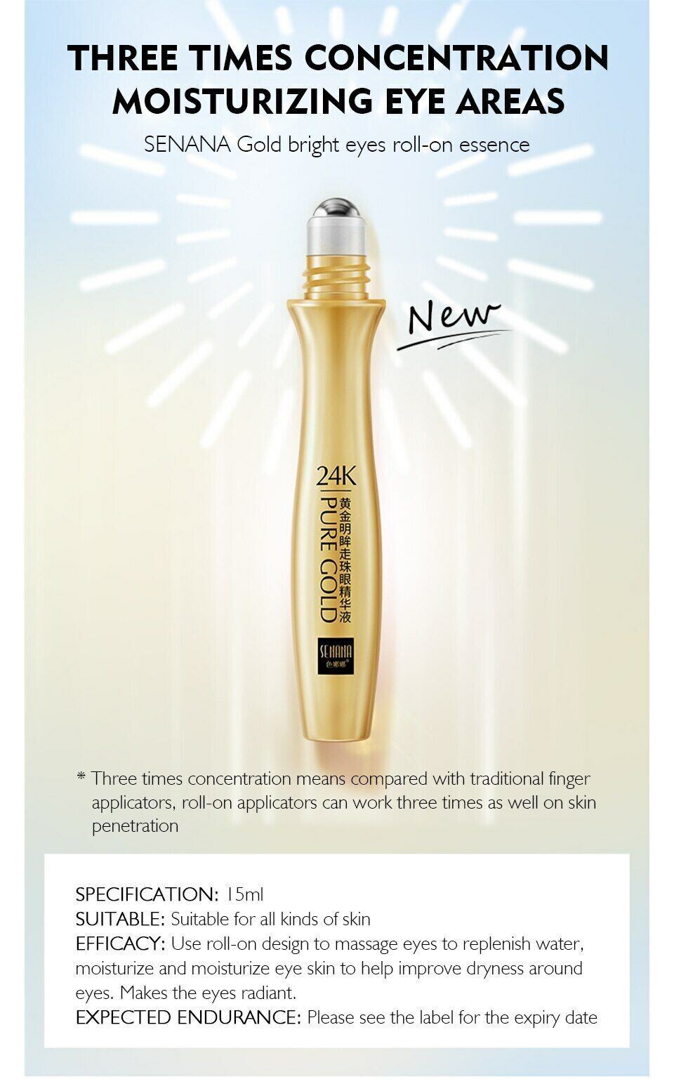 24K Gold Roll-on Puffy Eye Cream Dark Circles Puffiness Anti-Aging Fine Line