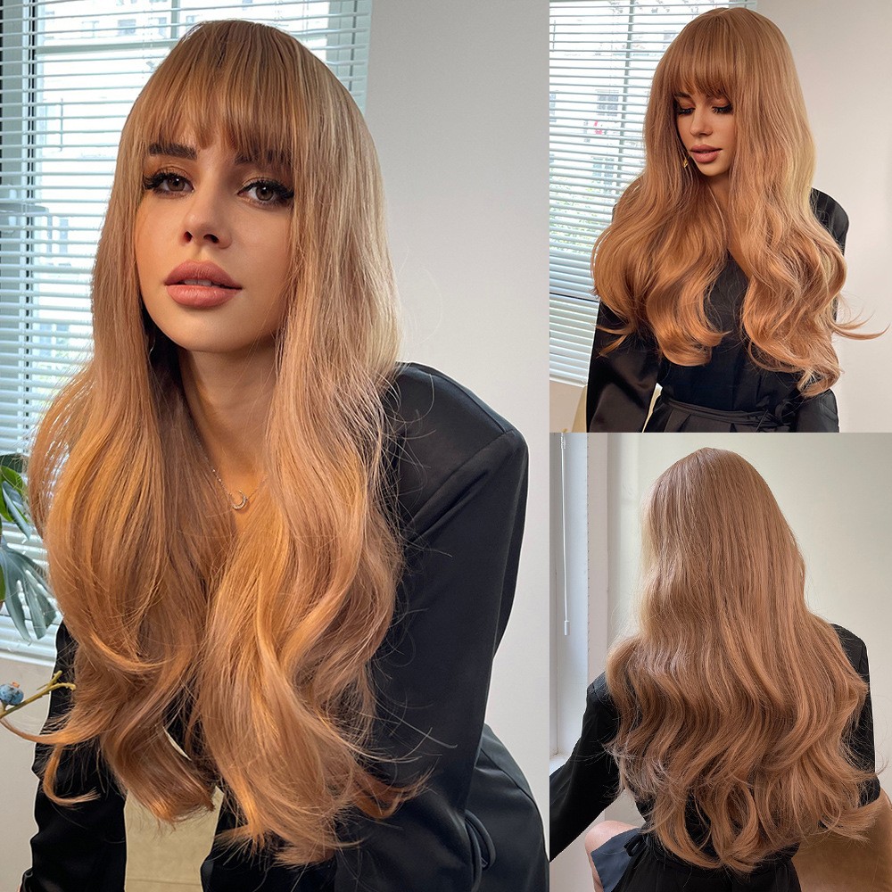 Long Curly Wig with Bangs High Temperature Fiber Matte Synthetic Full Head Wig