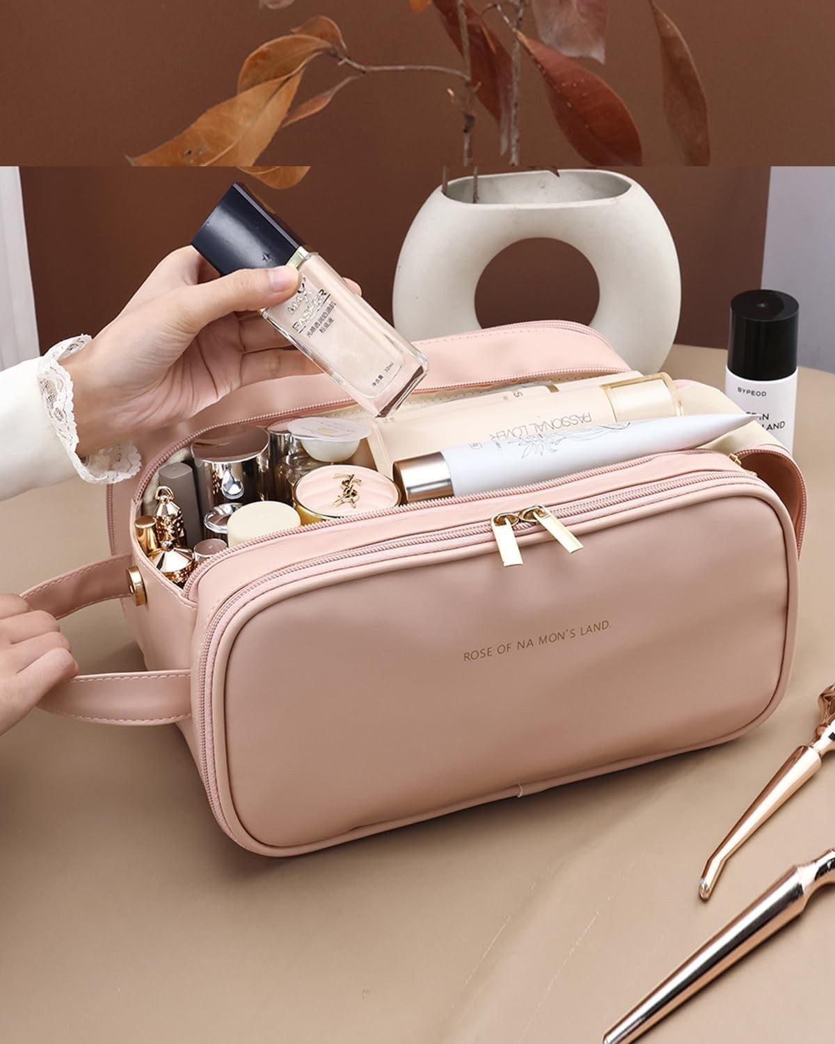 Travel Makeup Bag For Women, Large Capacity Cosmetic Organizer With Wide Opening