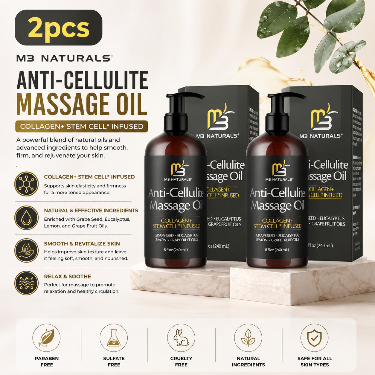 2 BOTTLES–M3 Naturals Anti Cellulite Massage Oil Infused w/ Collagen&Stem Cell