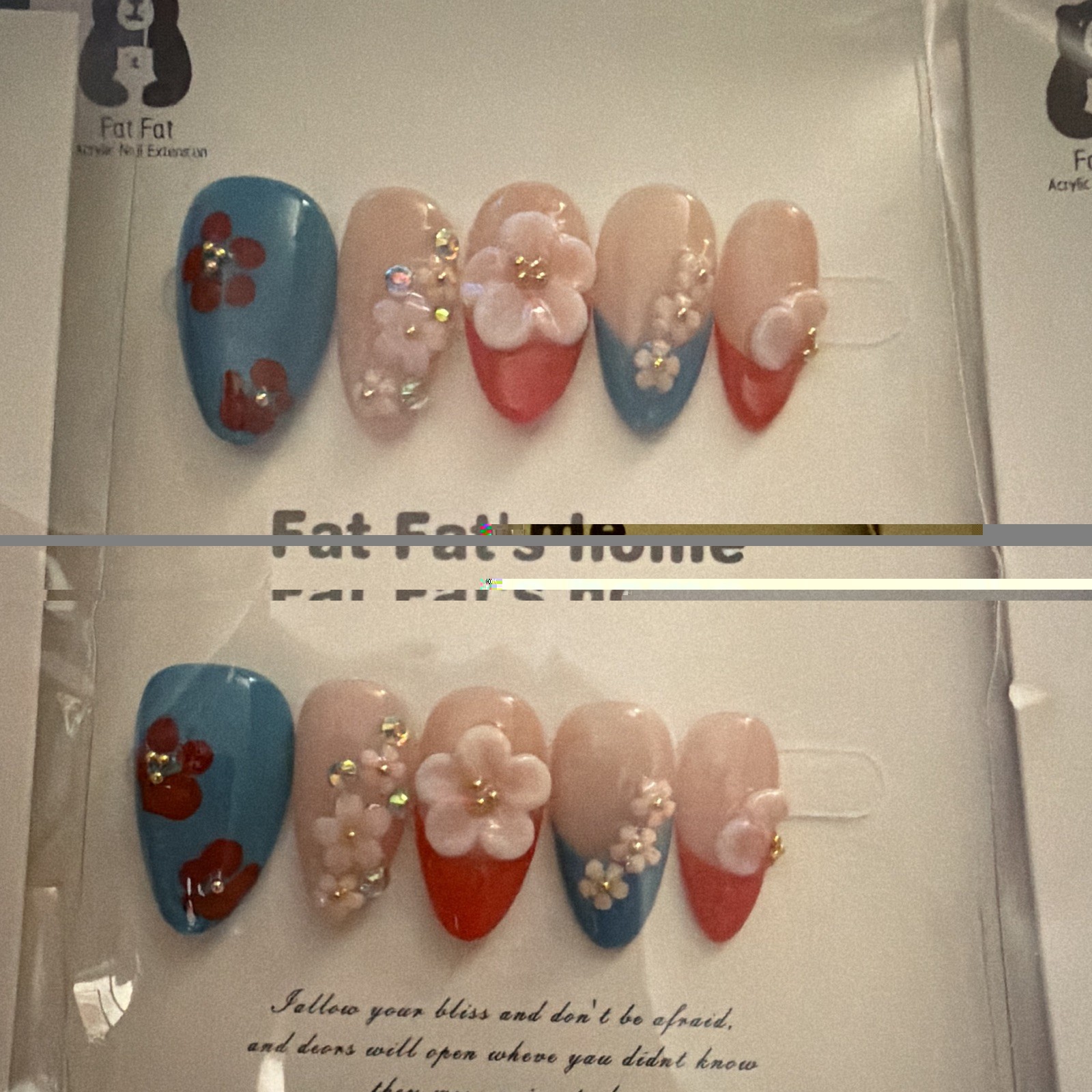Fat Fat’s home Press-On Nails Size Medium Almond 3D Floral Multicolor