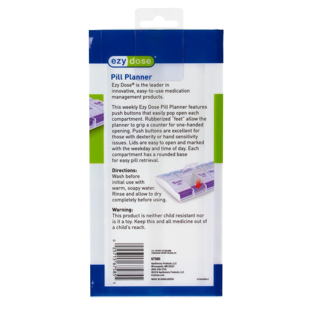 Push Button (7-Day) Pill, Medicine, Vitamin Organizer | Weekly, 2 Time