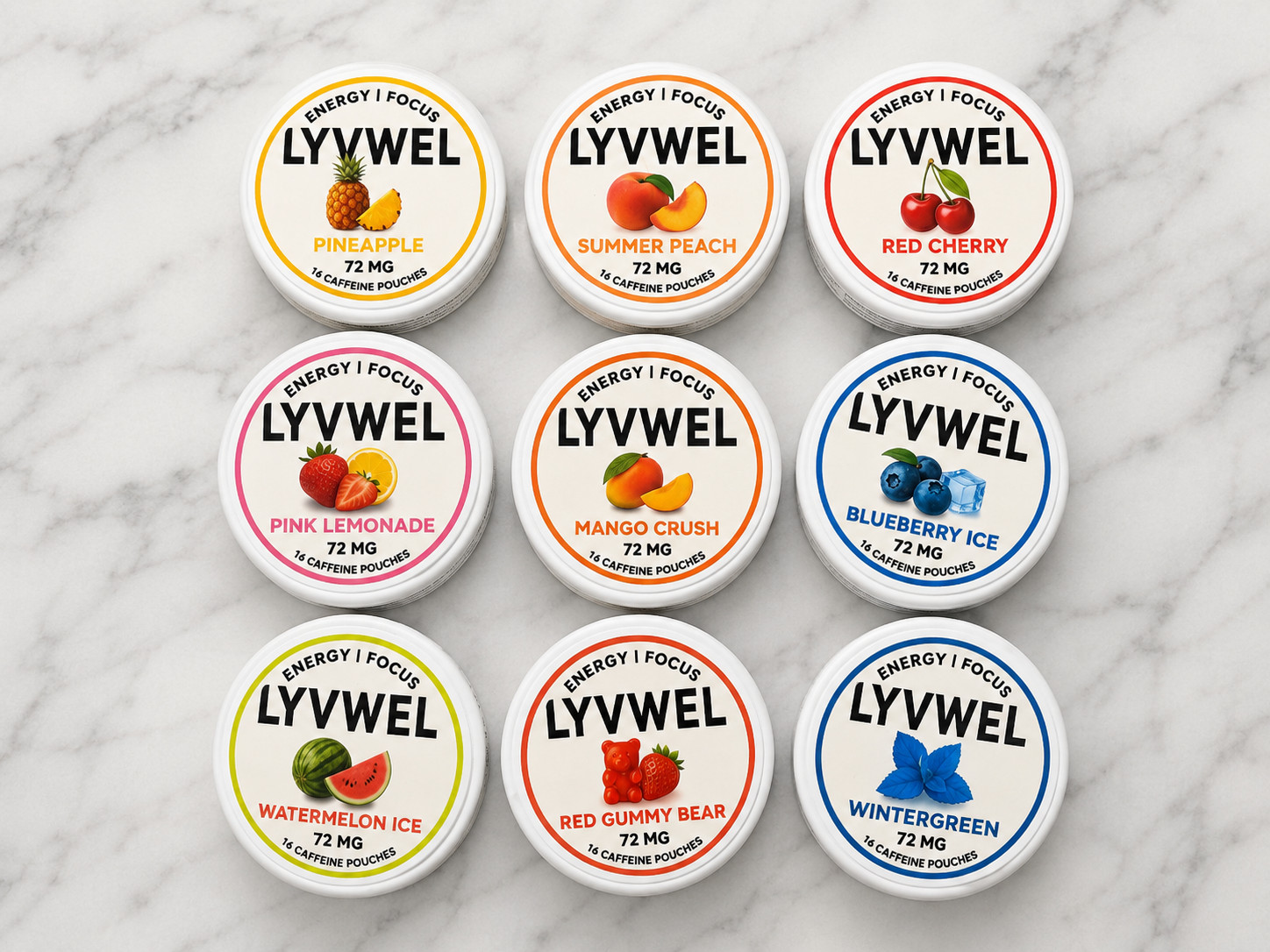 LYVWEL Caffeine Pouches Variety Pack 9 Flavors 72mg Energy Focus Bundle