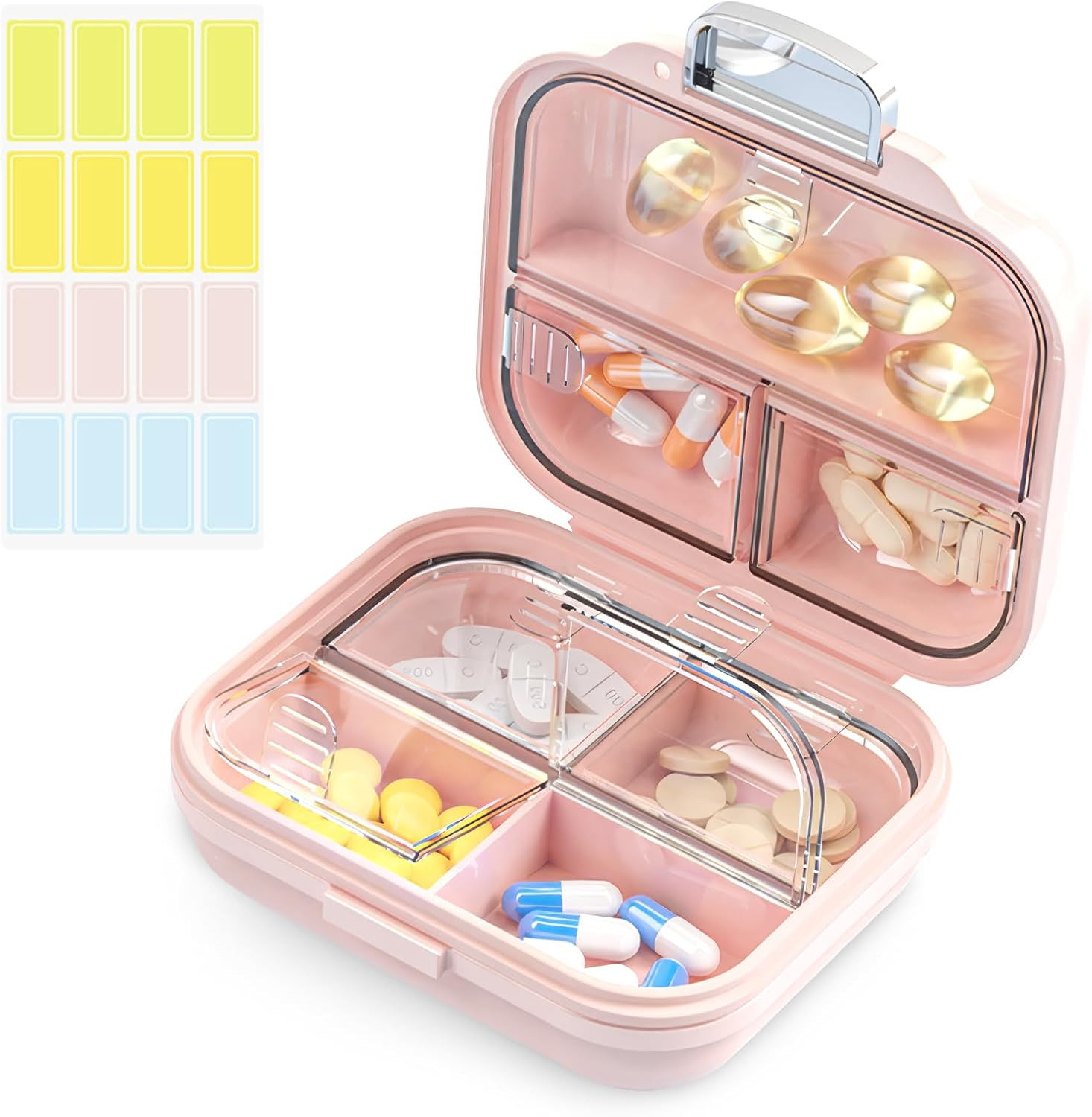 Travel Pill Organizer Box with Labels, 7 Compartments Portable Mini Pill Case, D