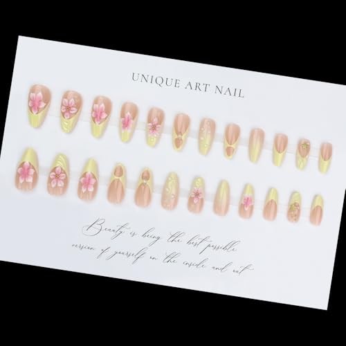 French Tips Press on Nails Medium Almond Fake Nails with 5D Flower Color30