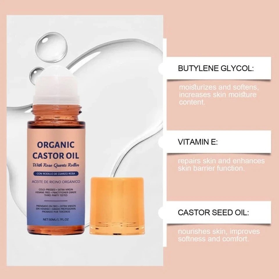 1Bottle Organic Golden Castor Oil Roll-On with Rose Quartz for Skin,Hair&Wrinkle