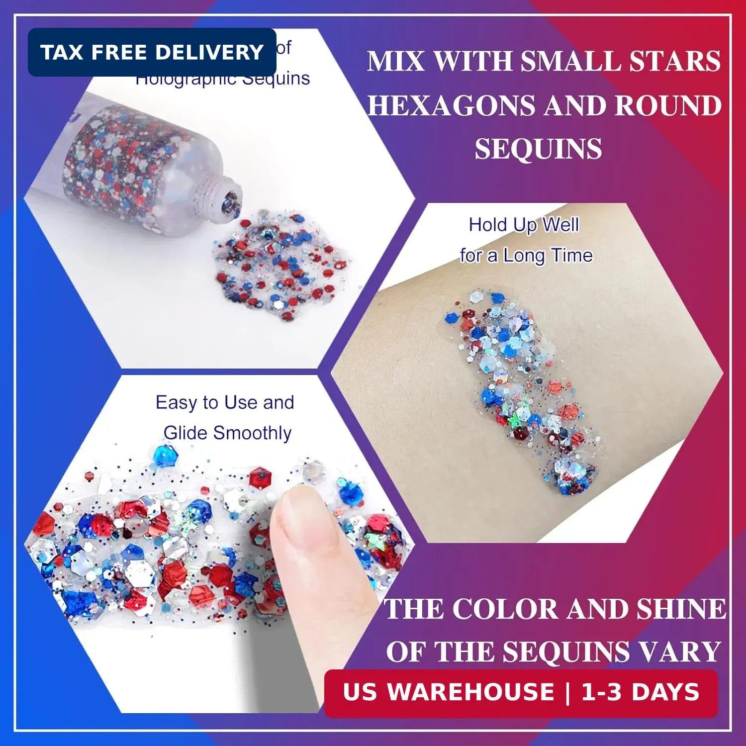 MEICOLY Red White and Blue Face Glitter,4th of July Star Hair Glitter for 2026 W