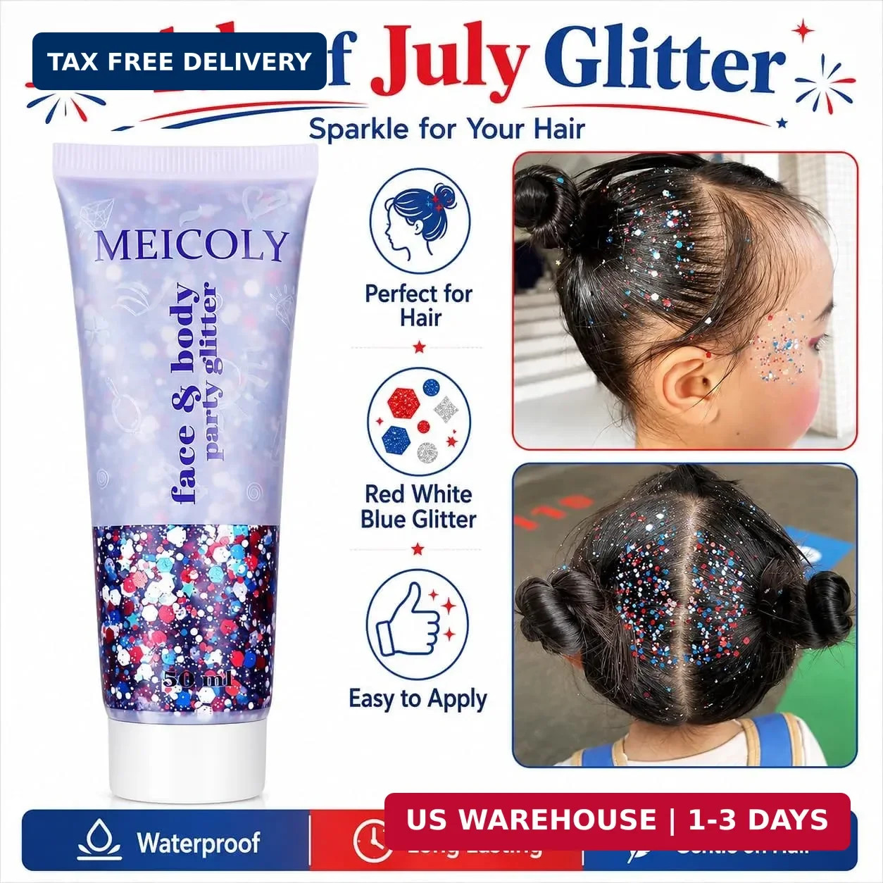 MEICOLY Red White and Blue Face Glitter,4th of July Star Hair Glitter for 2026 W