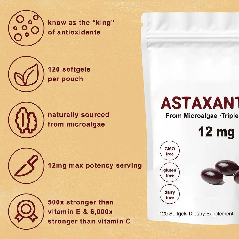 12mg Astaxanthin Antioxidant 120 Softgels Fresh Microalgae Eye Joint Skin Health