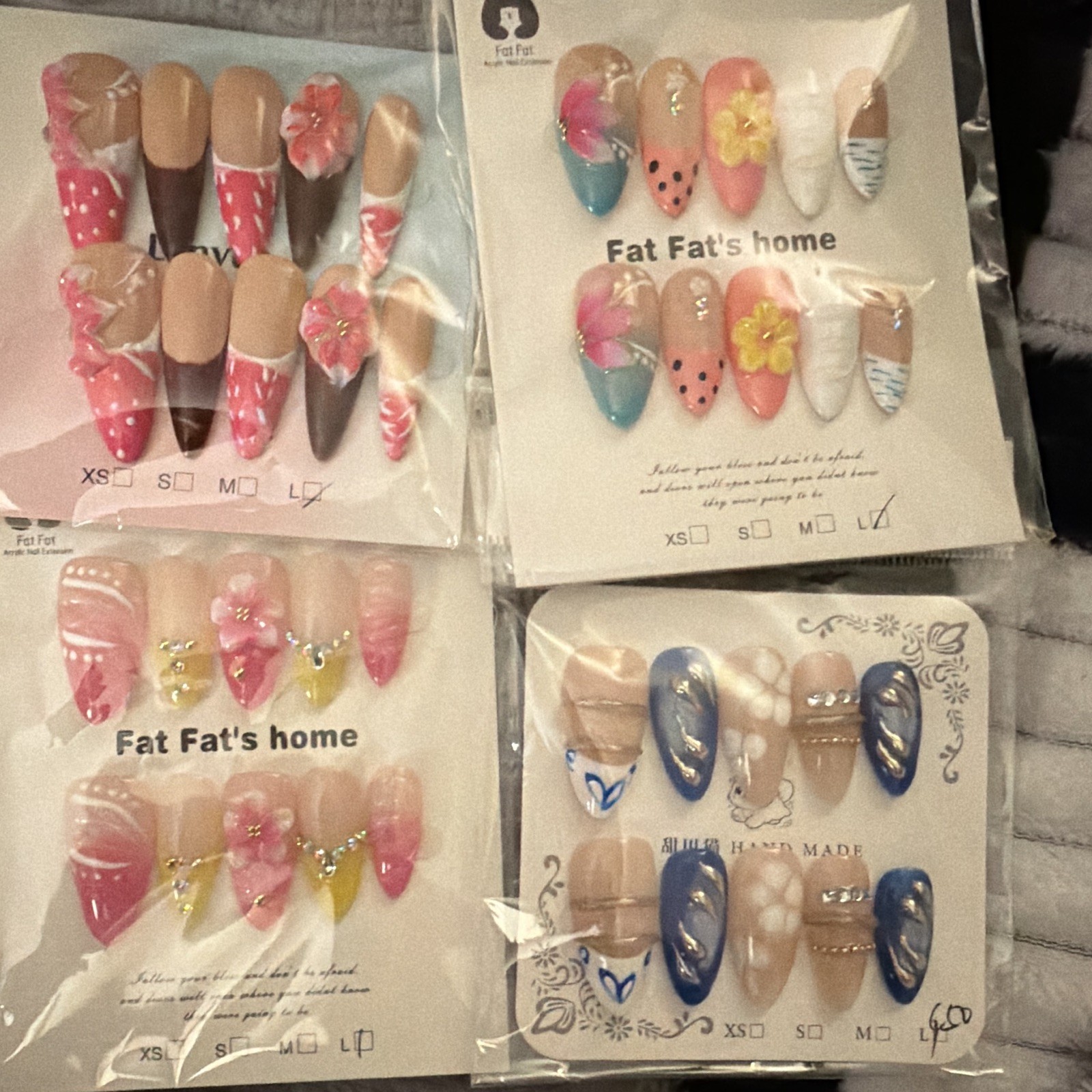 Press-On Nails Lot of 6 Long 3D Floral Multicolor